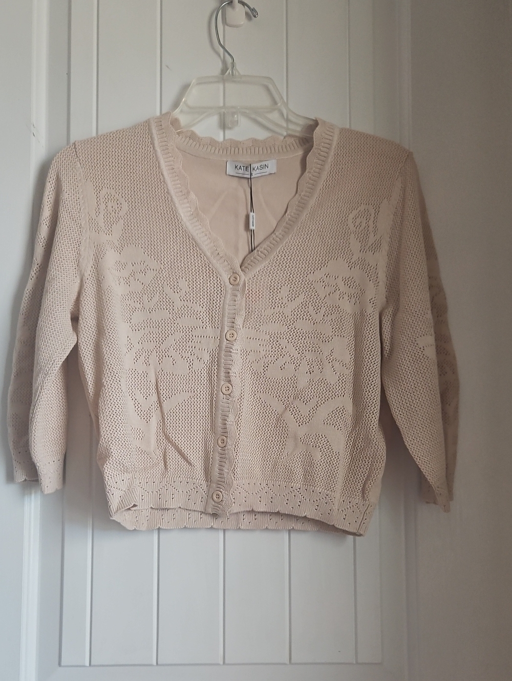 Kate Kasin Cream Openwork V-Neck Button Front Cardigan